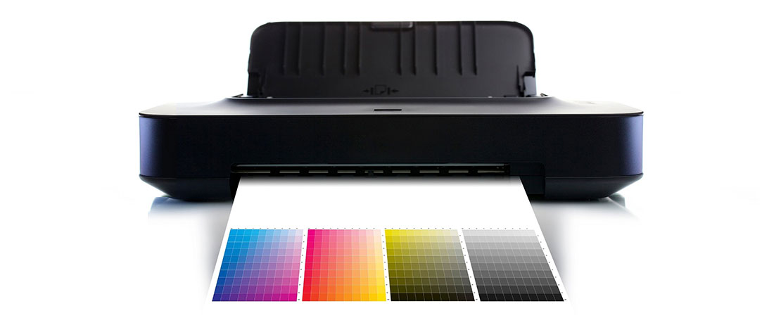 A black printer printing a colour palette