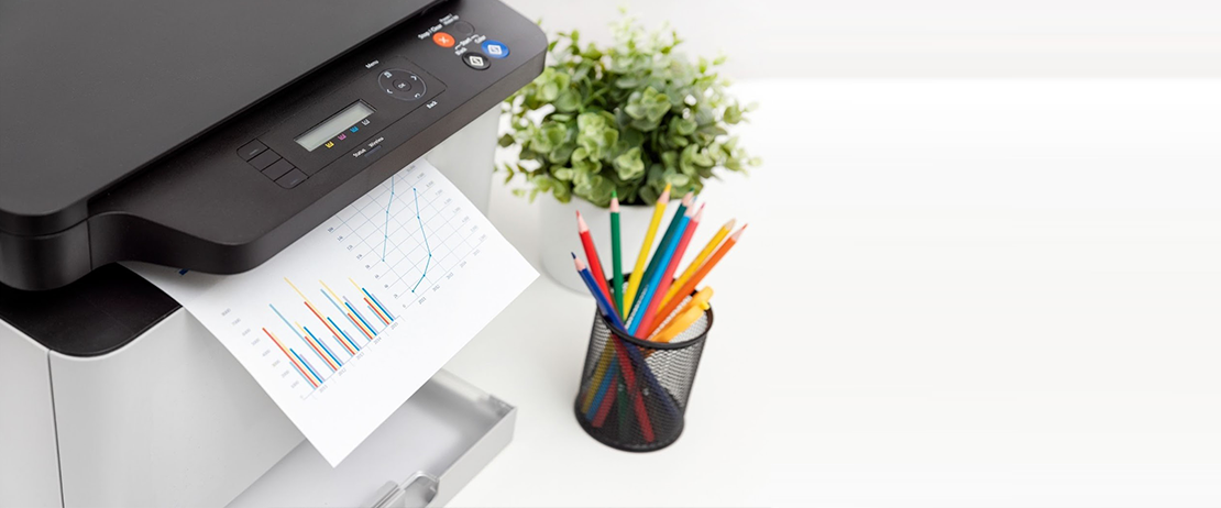 A printer next to a plant and a mesh pencil holder