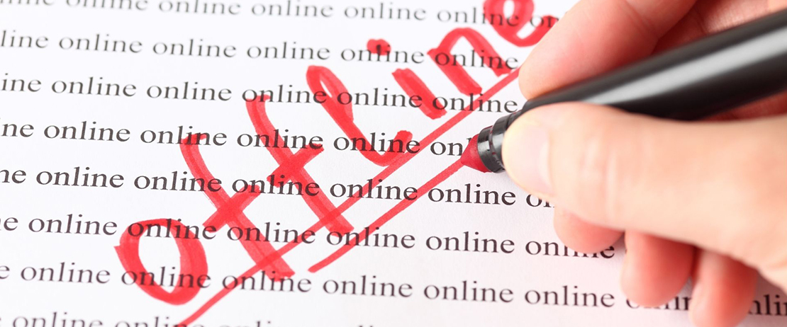 The word “offline” written in red marker ink