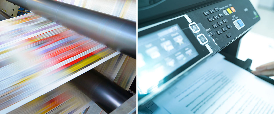 A side-by-side collage of an offset printer (left) and a digital printer (right)