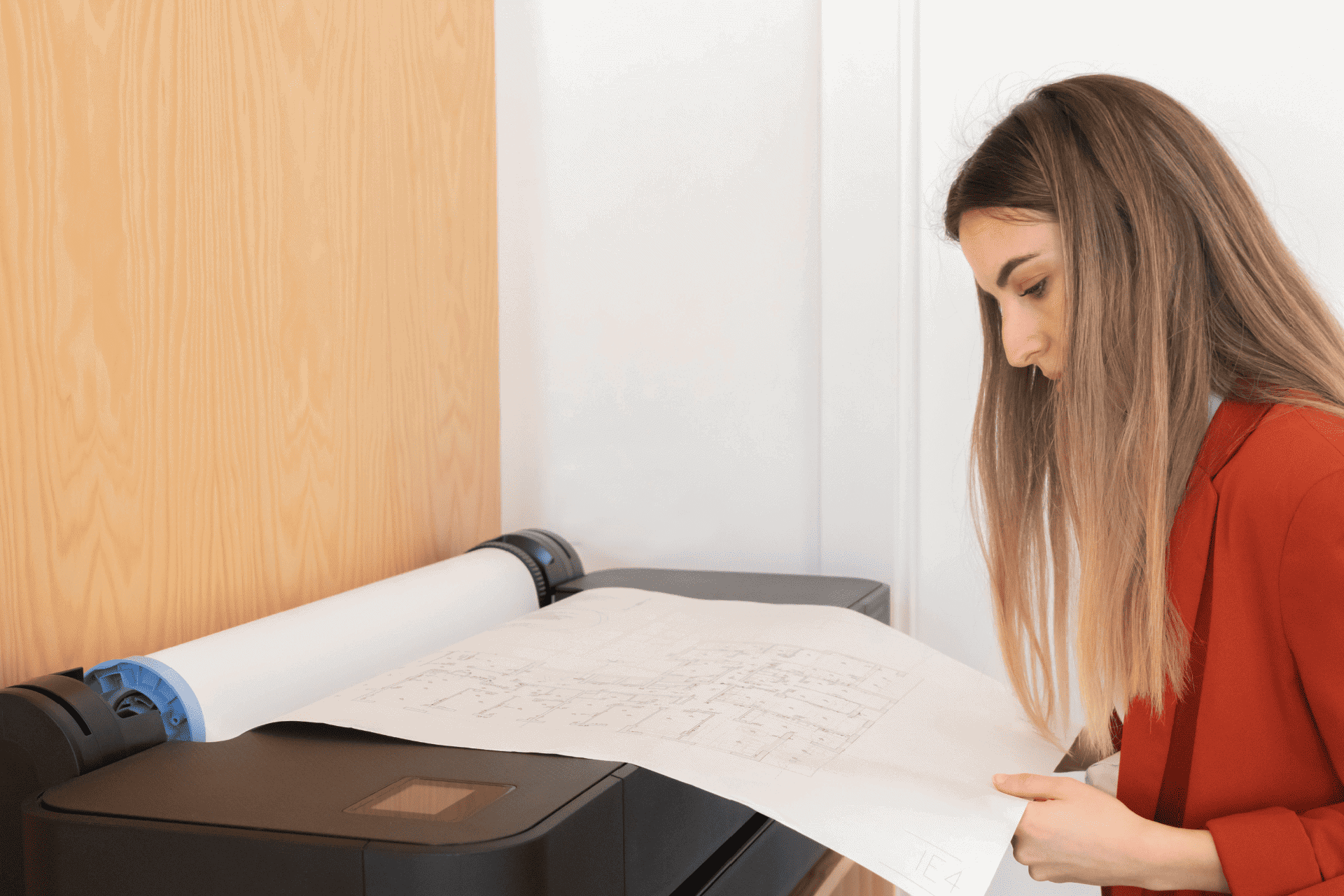A woman uses a production printer to print blueprints